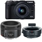 دوربین دیجیتال بدون آینه کانن مدل EOS M3 به همراه لنز 45-15 EF-M و EF 50mm f1.8 STM میلی متر و آداپتور لنز کانن Mount Adapter EF-EOS M