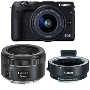 دوربین دیجیتال بدون آینه کانن مدل EOS M3 به همراه لنز 45-15 EF-M و EF 50mm f1.8 STM میلی متر و آداپتور لنز کانن Mount Adapter EF-EOS M