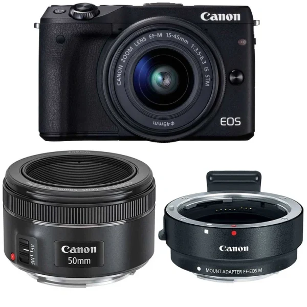 دوربین دیجیتال بدون آینه کانن مدل EOS M3 به همراه لنز 45-15 EF-M و EF 50mm f1.8 STM میلی متر و آداپتور لنز کانن Mount Adapter EF-EOS M